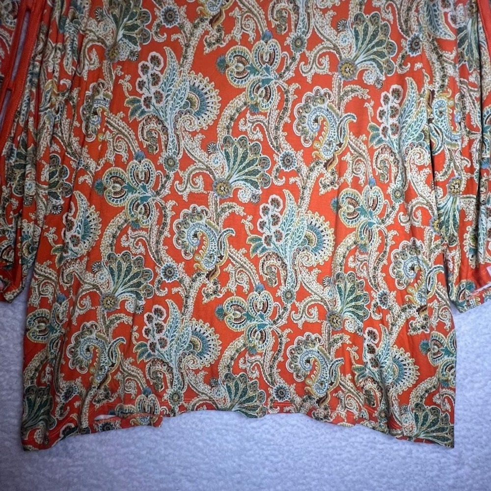 Boho Paisley Blouse 2X Orange Flowy Tunic Cutout Sleeve Resort Top - Picture 3 of 11